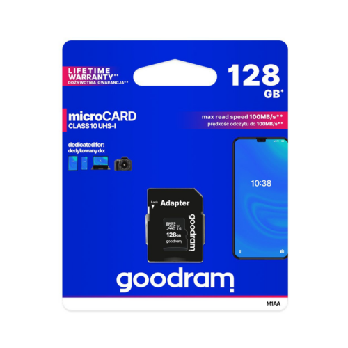 Karta pamięci microSD Goodram 128 GB Class 10 UHS-I z adapterem SD, przeznaczona do kamer, smartfonów i urządzeń mobilnych