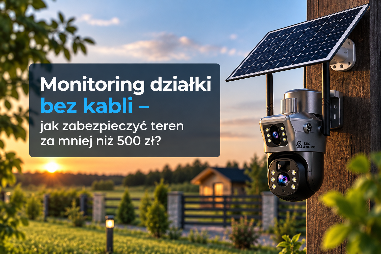 Kamera solarna 4G do bezprzewodowego monitoringu działki zamontowana na drewnianym słupie.