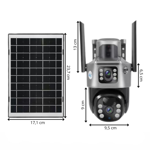 Dokładne wymiary kamery solarnej 4G i panelu: 23,7 × 17,1 cm oraz 13 × 9,5 × 6,5 cm. Sprawdź wielkość kamery przed montażem na działce lub posesji.