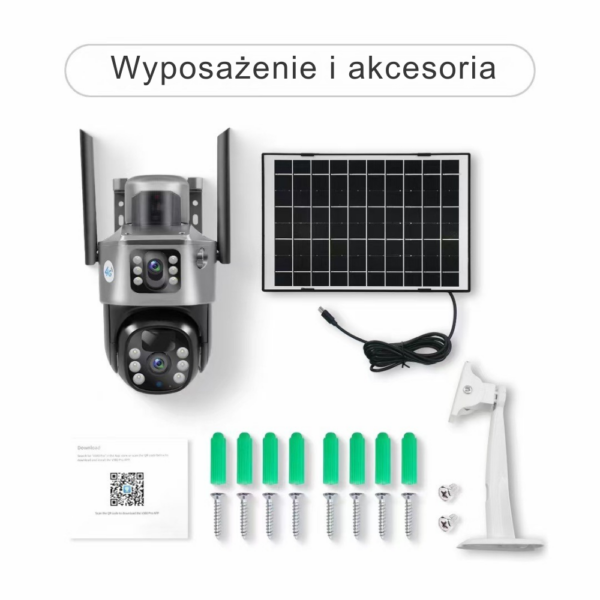 Kompletny zestaw kamery solarnej 4G: panel solarny, uchwyt montażowy, kołki, śruby i instrukcja. Pełne wyposażenie gotowe do instalacji monitoringu.