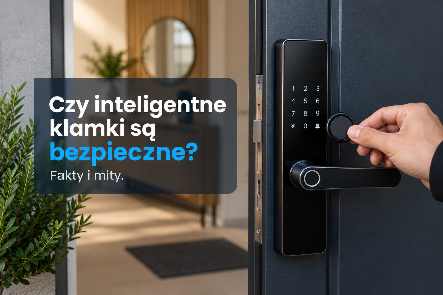 Osoba wpisuje kod na inteligentnej klamce z panelem dotykowym; na grafice znajduje się napis „Czy inteligentne klamki są bezpieczne? Fakty i mity.”