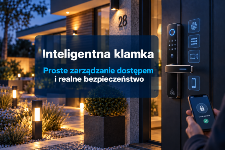 Nowoczesna inteligentna klamka elektroniczna zamontowana w drzwiach, umożliwiająca proste i bezpieczne zarządzanie dostępem do domu lub biura.