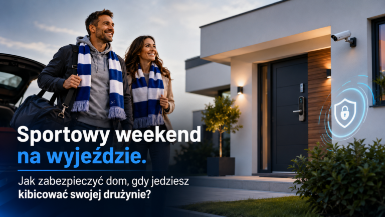 Para kibiców wyjeżdżająca na sportowy weekend, obok nowoczesnego domu z kamerą monitoringu i inteligentnym zamkiem