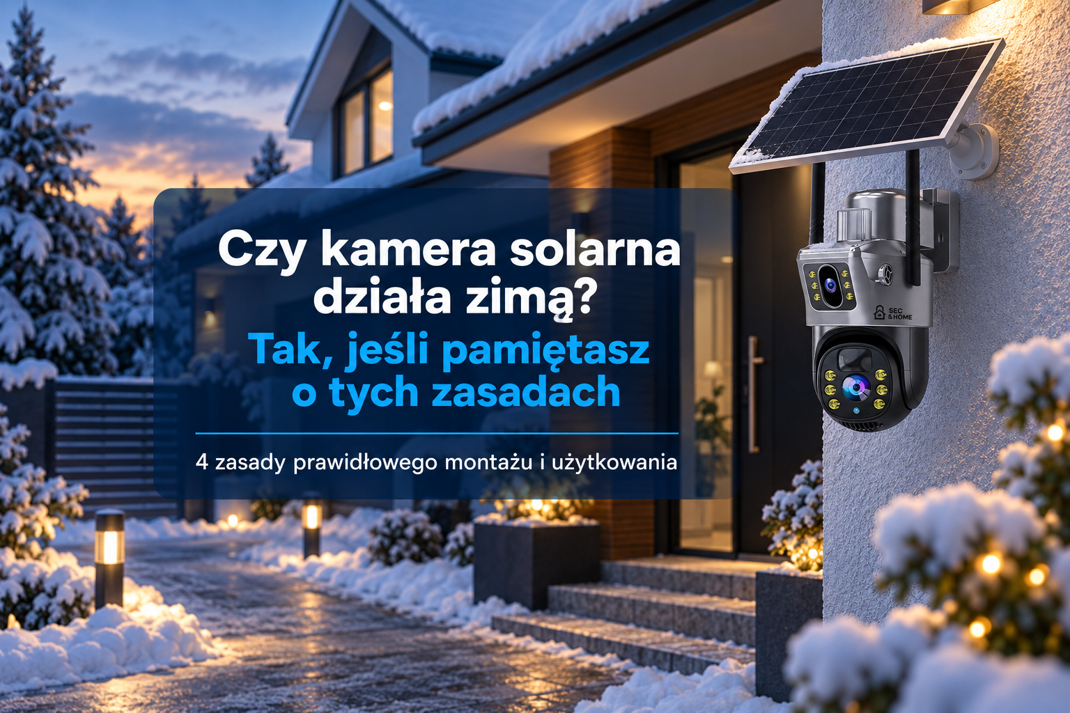 Kamera solarna z panelem słonecznym zamontowana przy domu zimą.