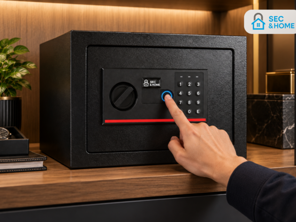 Otwieranie sejfu elektronicznego FORTIS 21L za pomocą czytnika linii papilarnych z niebieskim podświetleniem. Sejf biometryczny z klawiaturą PIN.