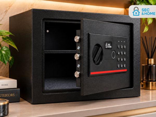 Otwarty sejf elektroniczny FORTIS 21L z trzema stalowymi ryglami zabezpieczającymi, metalową obudową i elektronicznym zamkiem na kod PIN.