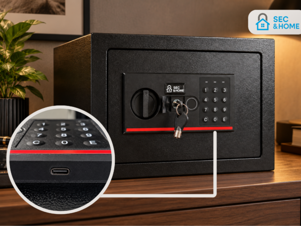 Sejf elektroniczny FORTIS 21L z kluczem awaryjnym i portem USB-C do zewnętrznego zasilania w przypadku rozładowania baterii.