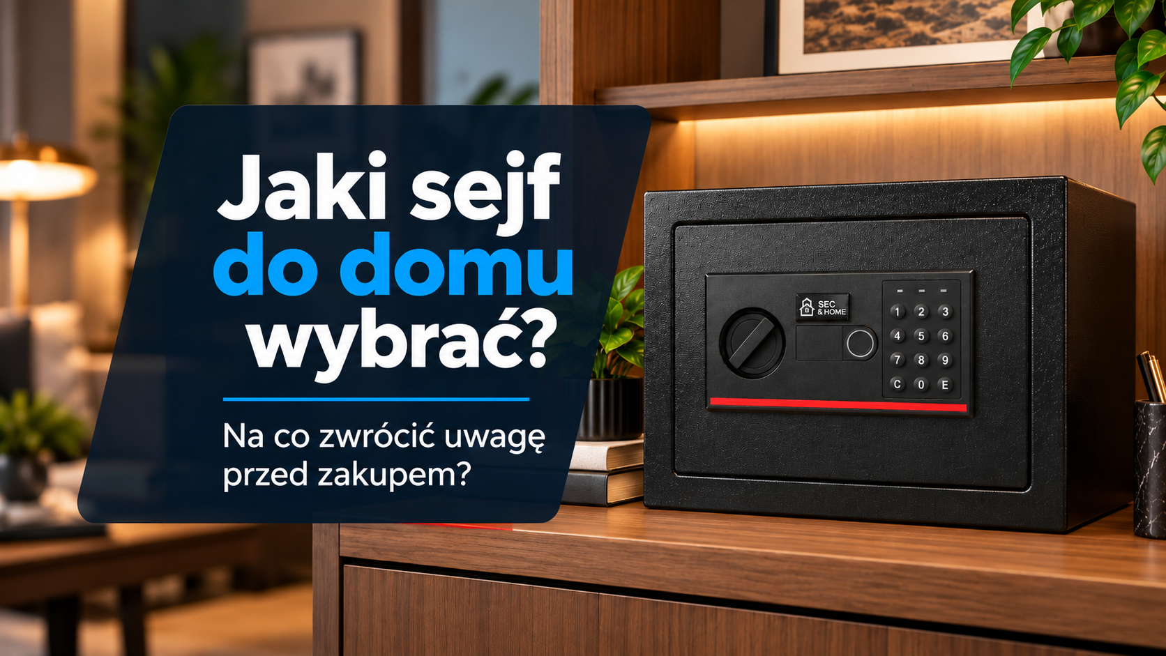 Czarny sejf elektroniczny FORTIS marki SEC & HOME z czytnikiem odcisków palców i klawiaturą PIN, umieszczony na drewnianej półce w nowoczesnym wnętrzu.