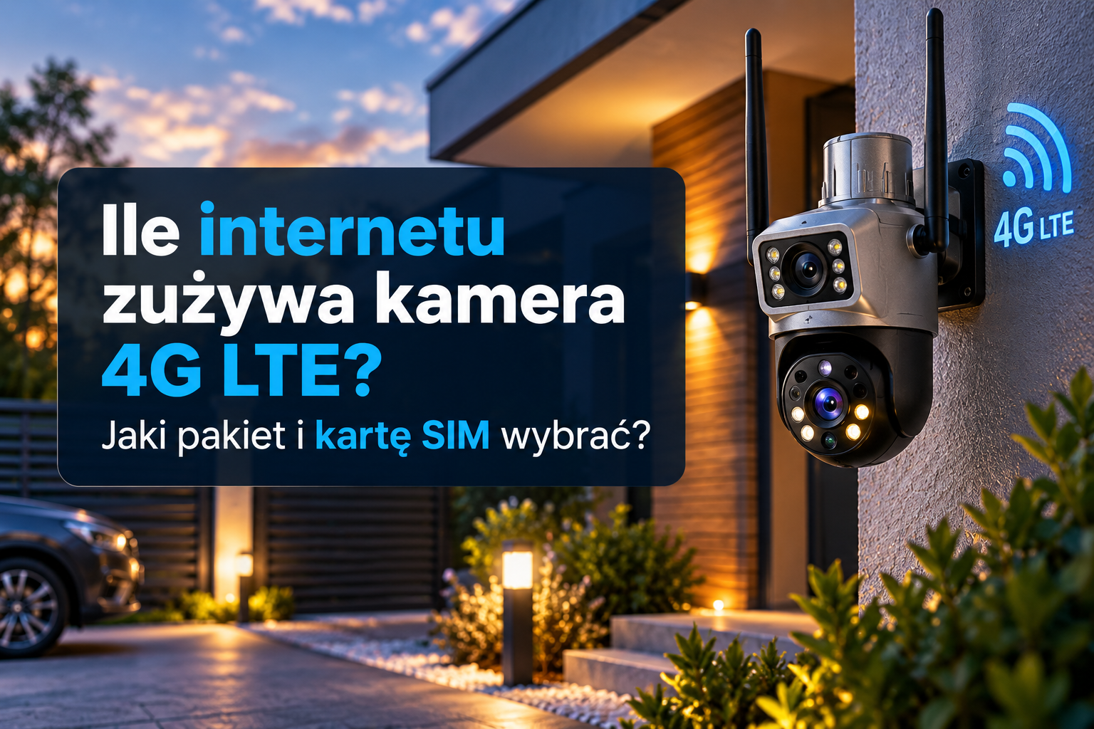 Kamera 4G LTE przy domu z informacją o zużyciu internetu i wyborze karty SIM